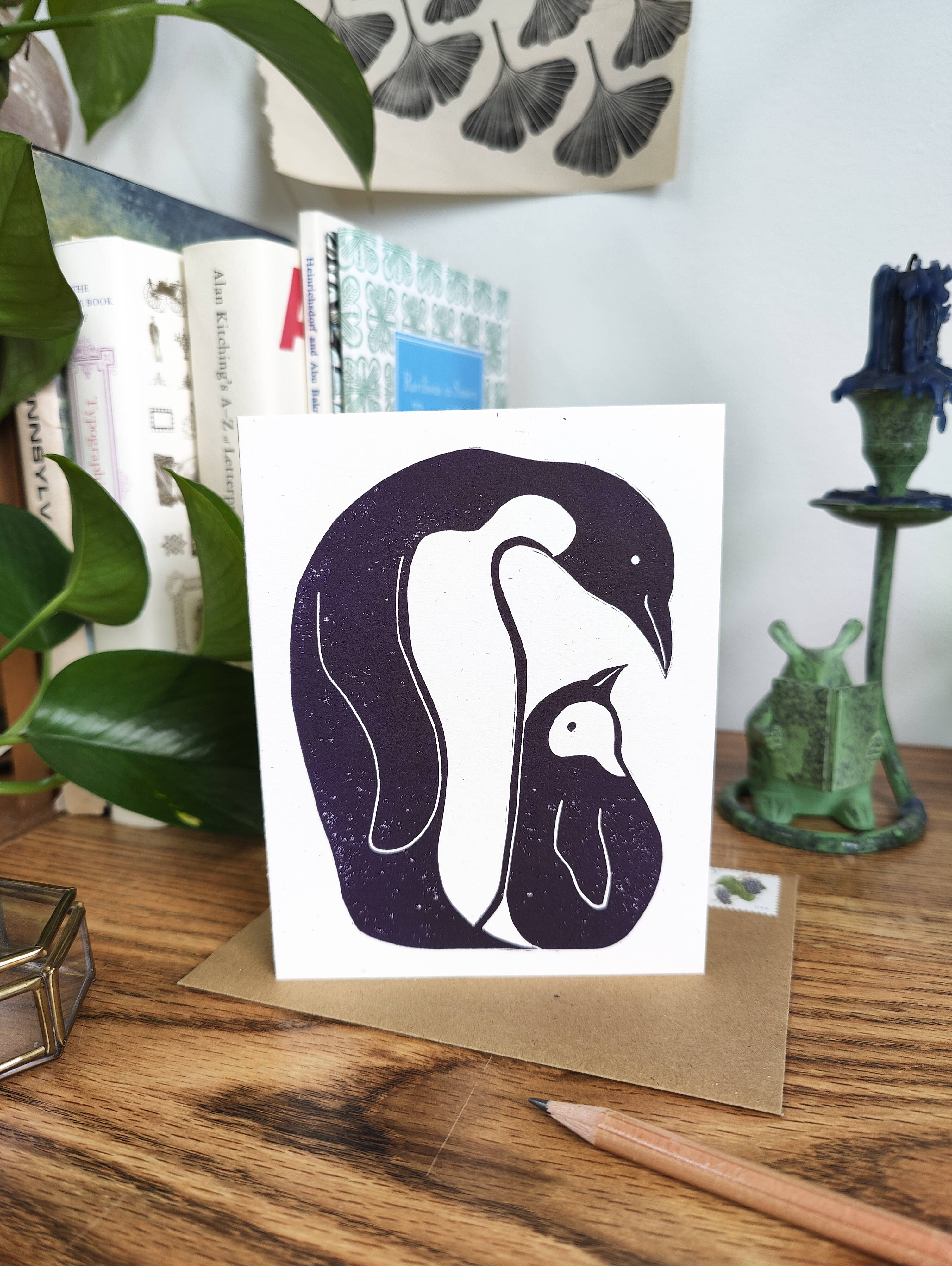 Winter Pickle Press - Wholesale Baby Card - Handprinted linocut penguin and chick folded card