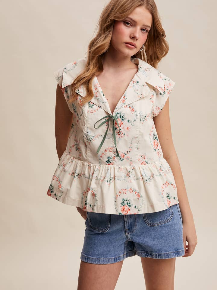 Floral Peplum Tie-Front Blouse LT1461 for wholesale by Listicle