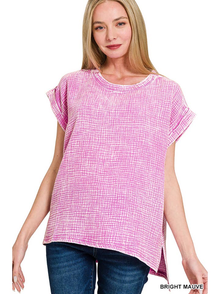 Vanilla Monkey - Wholesale Knit Top - Women's - Woven Double Gauze Acid Washed Short Sleeve Top