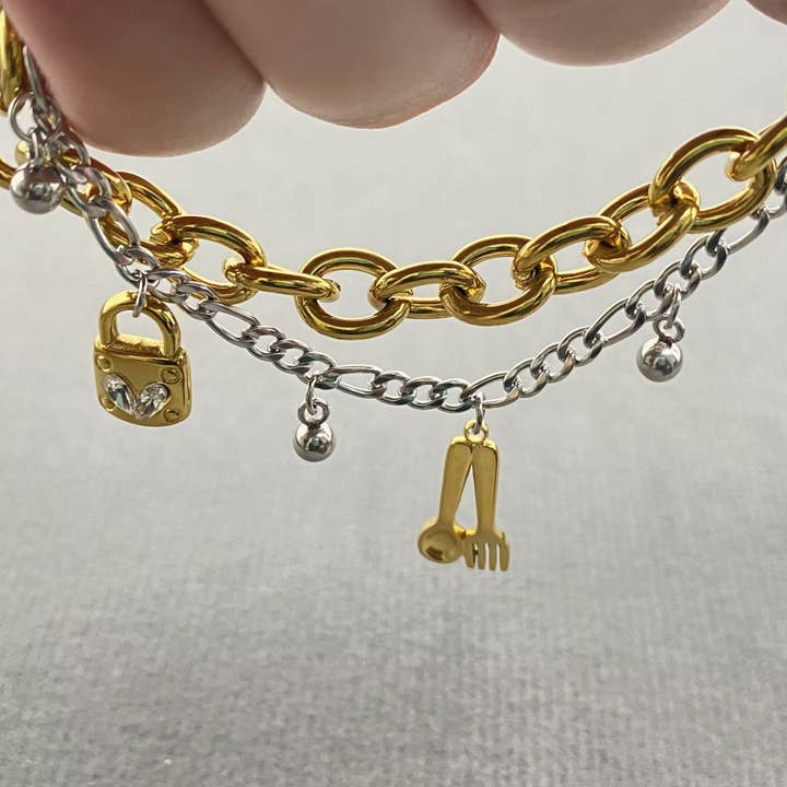 Mio Queena - Wholesale Charm/Dangle Bracelet - Two Tone 18K Gold Plated SS Double-layer Charm Bracelet - FGS2