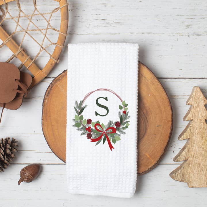 Personalized Monogram Wreath Christmas Towel, Holiday Decor for wholesale by Canary Road