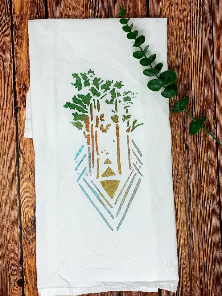 Tri Tree Hand Painted Dish Towel for wholesale by Third Wolf Designs