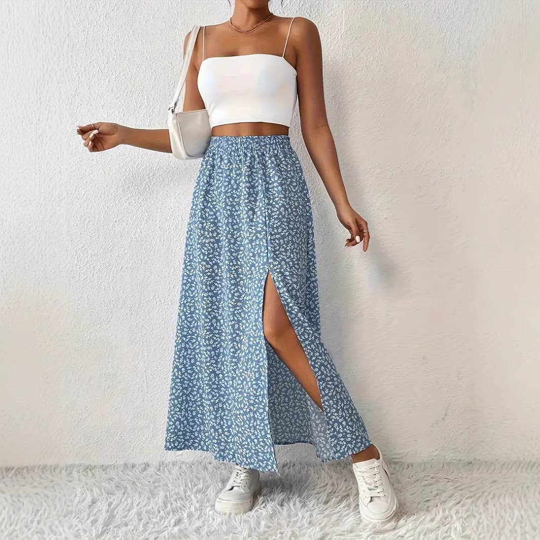 Rosa Clothing - Wholesale Skirt - Women's - Floral Slit A-Line Hip-Wrap Mid-Waist Maxi Skirt0