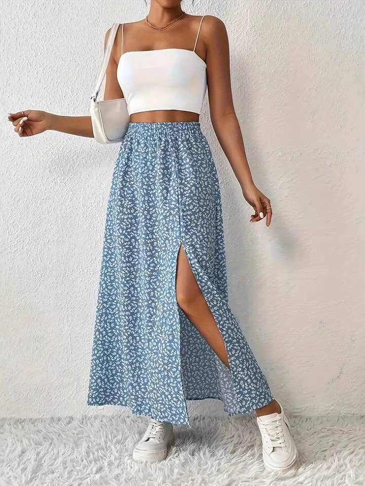 Rosa Clothing - Wholesale Skirt - Women's - Floral Slit A-Line Hip-Wrap Mid-Waist Maxi Skirt