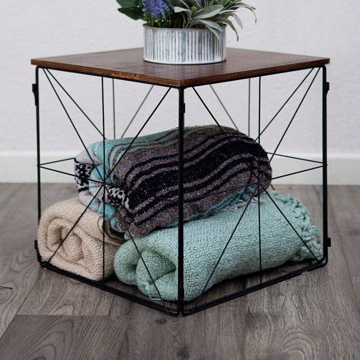 Folding Blanket Basket Side Table Solid Dark Mahogany Color for wholesale by Sequel Giftables