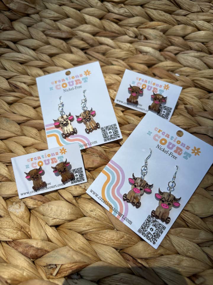 Highland Cow Dangles and Studs for wholesale by Creations x Court