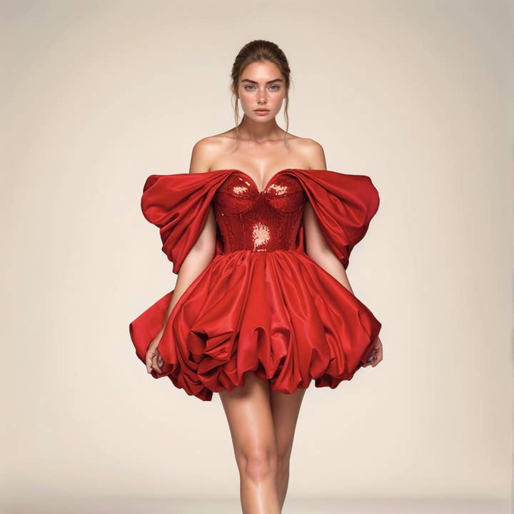 DR394 Elegant Sequined Puffy Hem Off-Shoulder Short Dress for wholesale by Productseeker