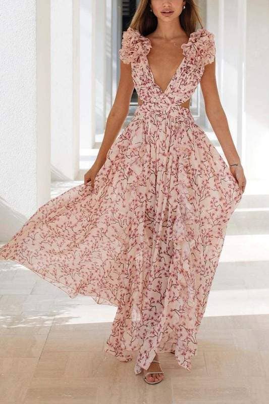 Queen Fashion - Wholesale Blouse - Women's - floral maxi dress with flutter sleeves12