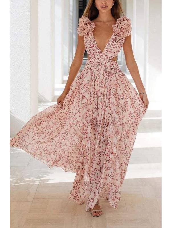 Queen Fashion - Wholesale Blouse - Women's - floral maxi dress with flutter sleeves12