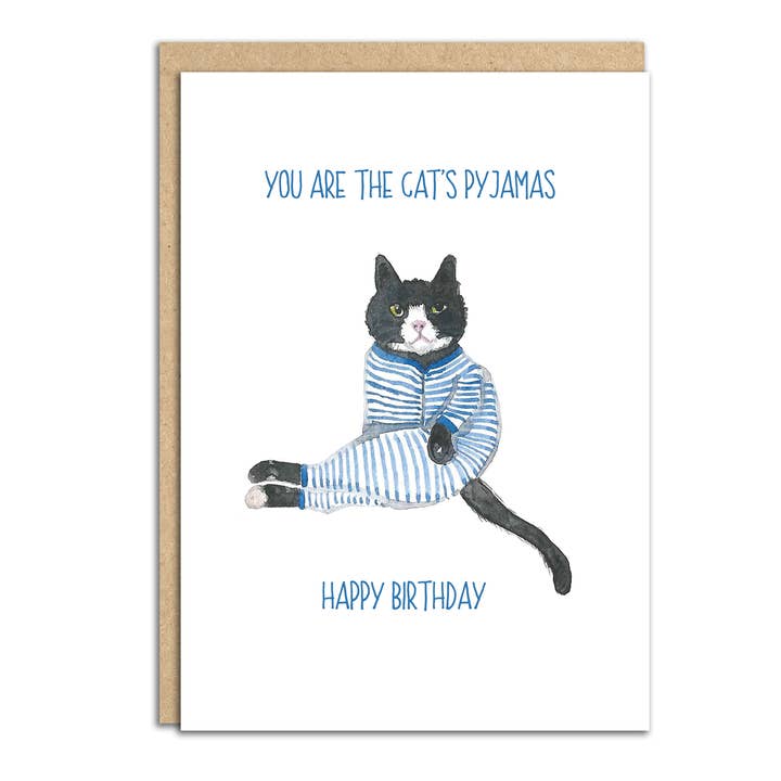 Sarah Maddox Art & Design - Wholesale Birthday Card - The cat's pyjamas. Cat lover's greetings card