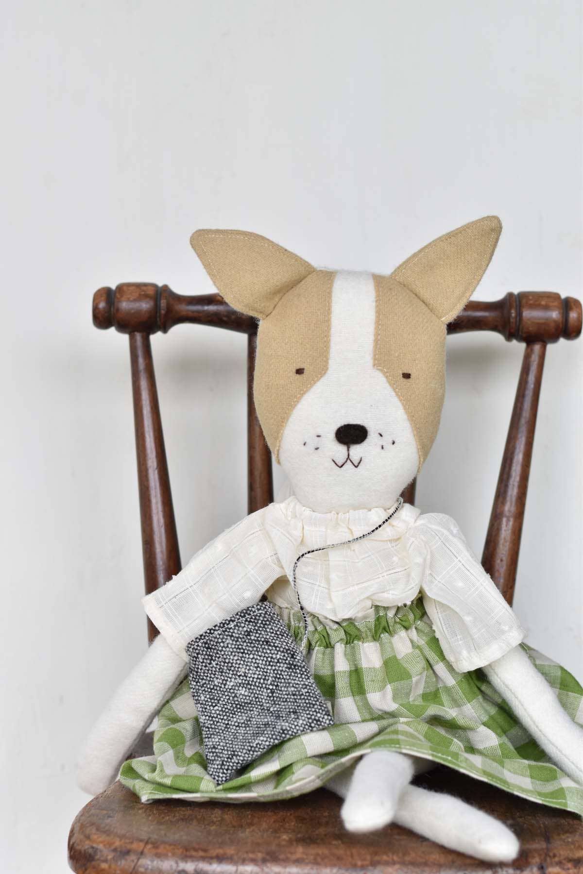 Woolgrass Farm - Wholesale Stuffed/Plush Toy - Kids & Baby - Fig the Frenchie Dog - Gingham Skirt - Handmade Wool Doll6
