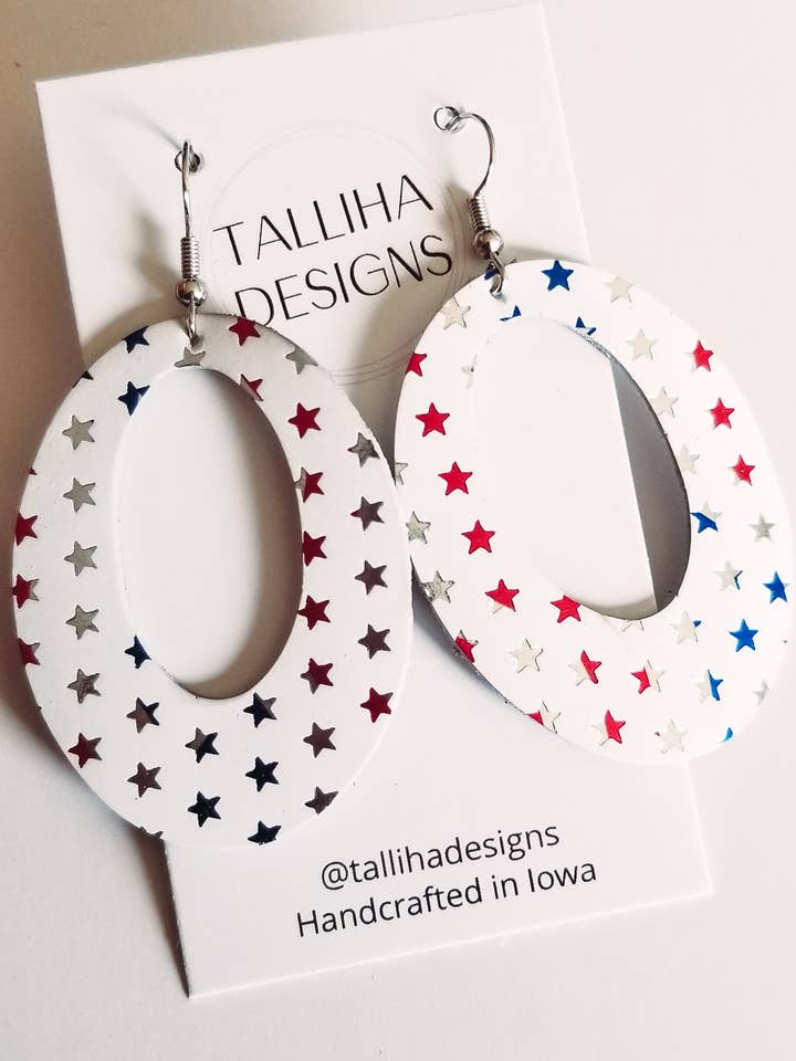Patriotic Red White & Blue Genuine Leather Oval Earrings for wholesale by Talliha Designs