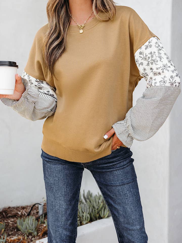 FB Floral Stripe Patchwork Crew Neck Sweatshirt for wholesale by FASHION BLVD