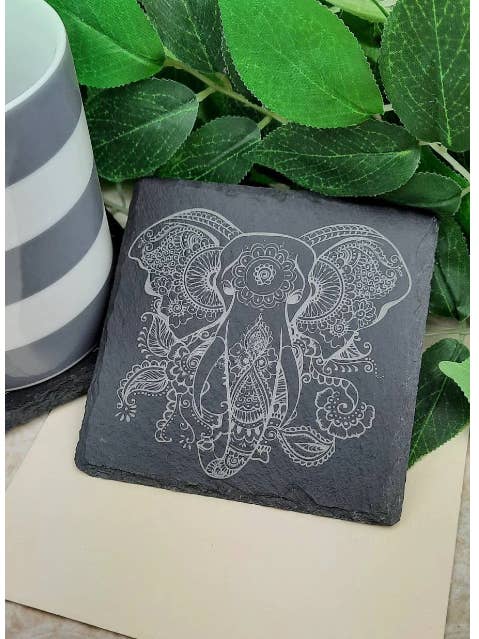 Elephant ornate Asian Pattern - Engraved Slate Coaster for wholesale by McHenrysPlace