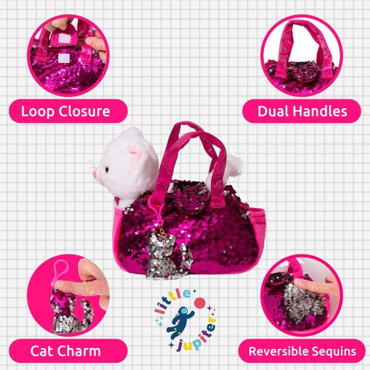 AYK Brand - Vendita all'ingrosso Peluche - Bambini e neonati - Set di peluche per animali domestici Little Jupiter con borsa, gatto bianco con sacchetto rosa acceso