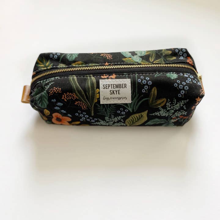 Boxy pencil pouch - brush bag in black rifle paper floral for wholesale by September Skye Bags & Accessories