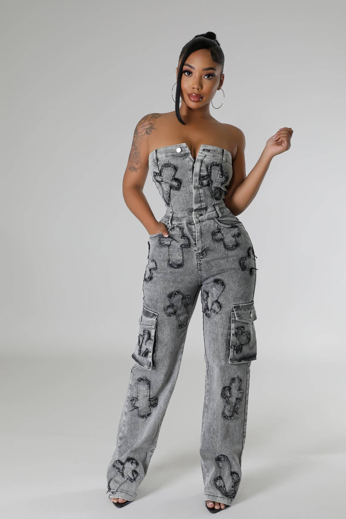 5besties inc - Wholesale Jumpsuit - Women's - CROSS PATCH DETAIL DENIM JUMPSUITS9