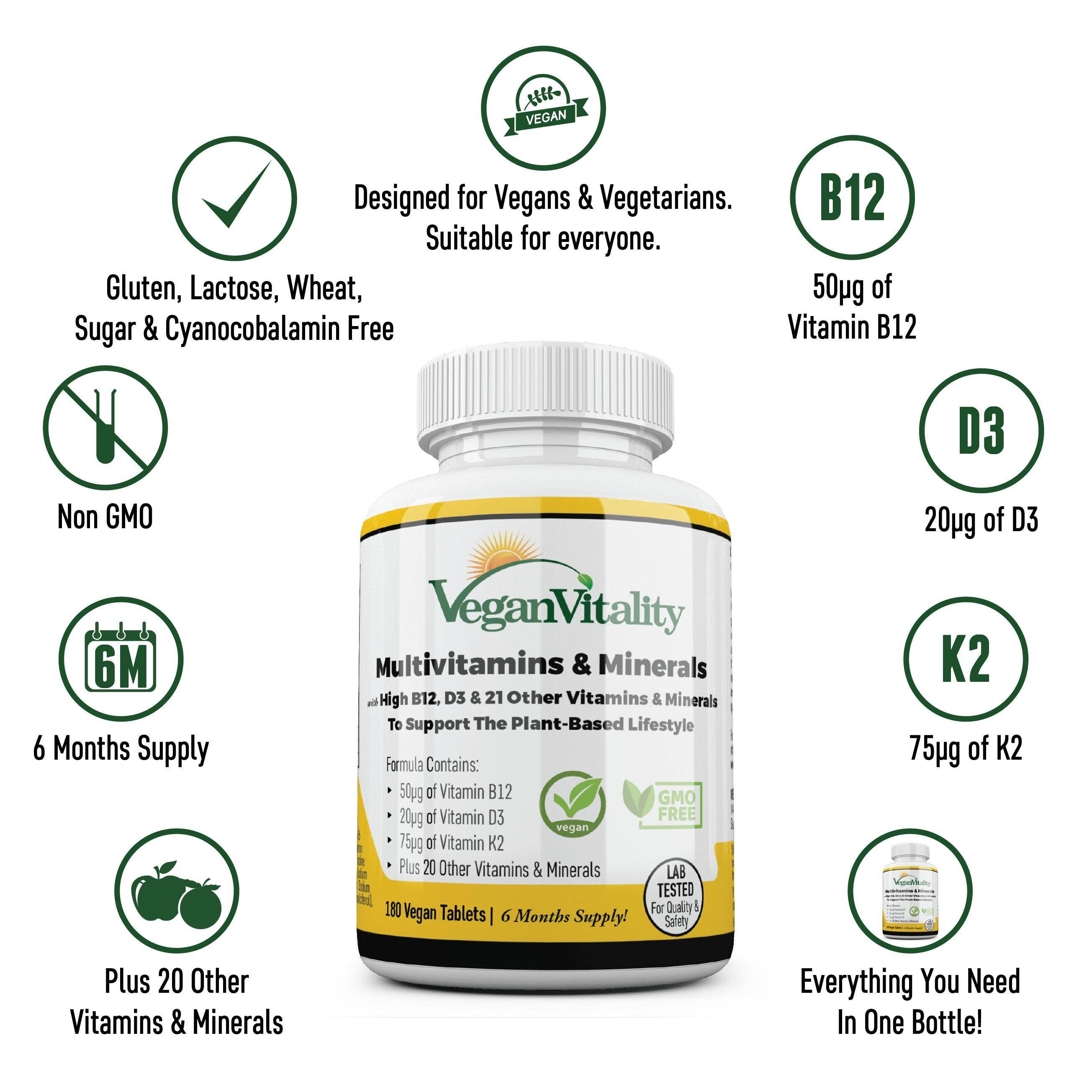 Vegan Vitality – Suplemento/vitamina oral por atacado – Multivitaminas e minerais veganos com alto teor de B12, D3 e K213