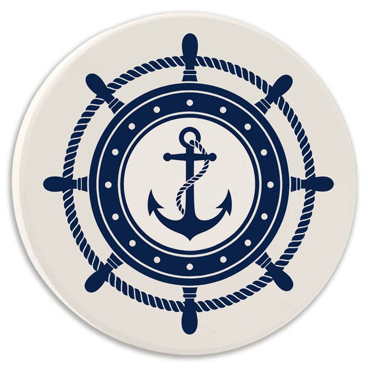 Car Coaster Nautical Steering Wheel With Anchor for wholesale by Tipsy Coasters & Gifts