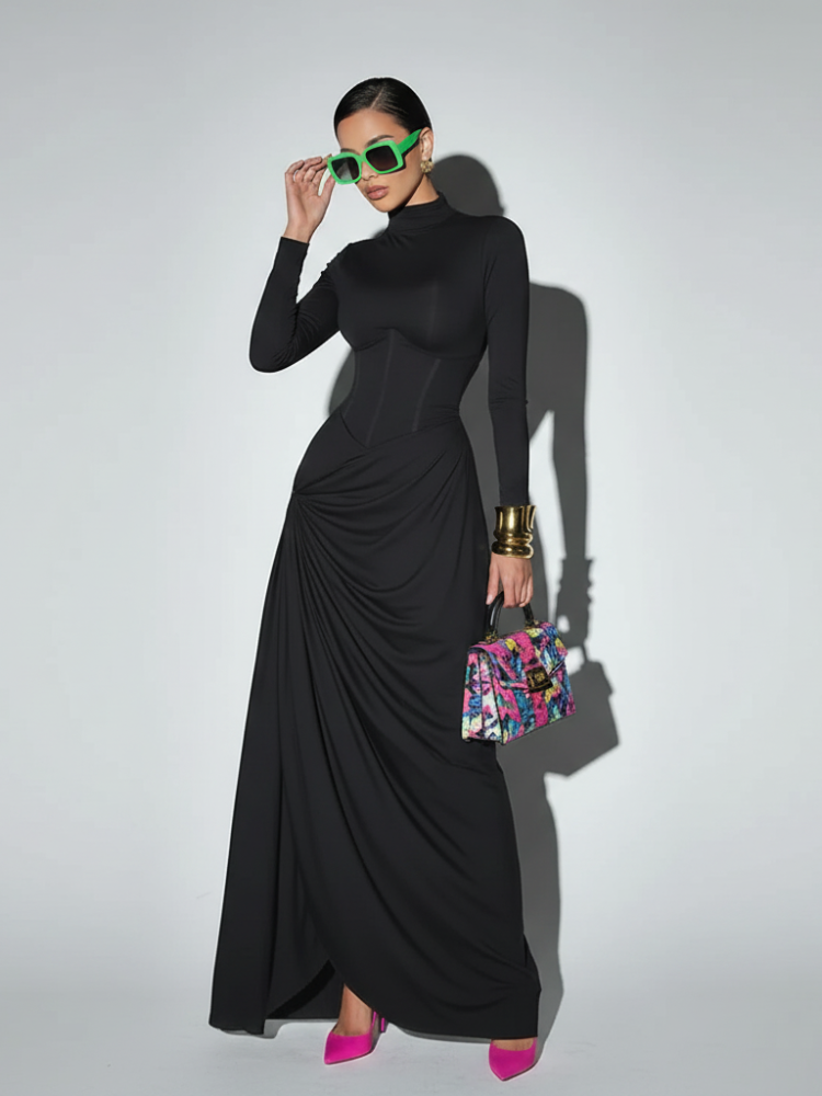 BYMANYC NEW YORK – wholesale Klänning - Dam – Högkragad midjemarkerad klänning med slits för kvinnor, elegant, Fifth Avenue, BYMANYC New York.1