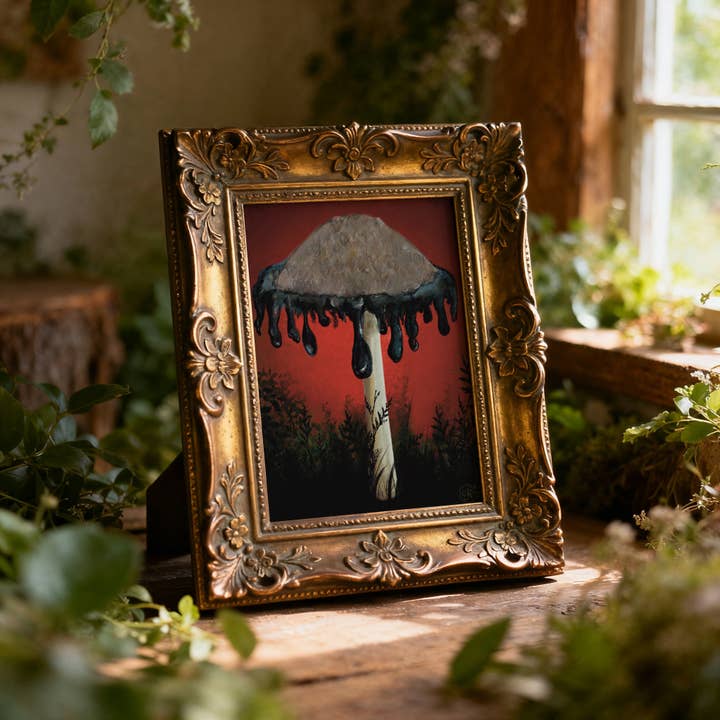 Crimson Glow Inky Cap Mushroom Fine Art Print 8"x10" for wholesale by Imaginarium Arts