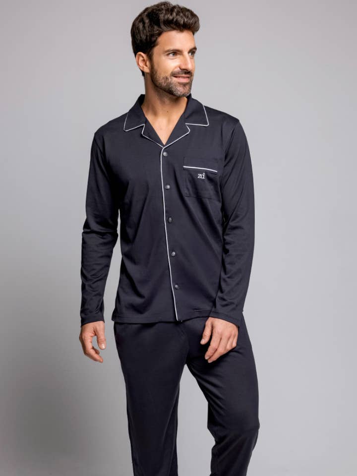 Conjunto de pijama de invierno azul marino 100% algodón mercerizado para venta al por mayor de ZD Zero Defects