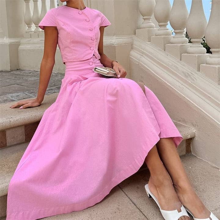 CANDY PINK Solid Color Tee A-Line Skirt Set for wholesale on Faire3