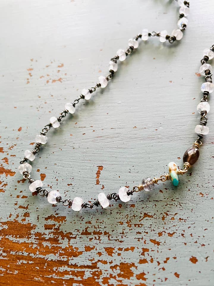 AAA Rainbow Moonstone Wire Wrapped Necklace for wholesale by Peaces of Indigo