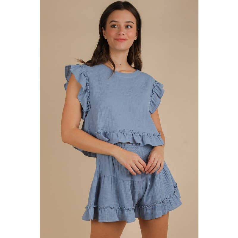 IVE - Vente Ensemble haut et short (PAS d'intérieur) - Femme - Ensemble haut tissé uni à volants ET short24