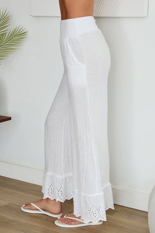VENTI6 - Wholesale Pants - Women's - EYELET HEM COTTON WIDE LEG LINEN PANTS (19-48)1