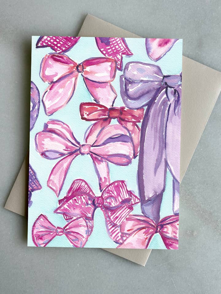"Girly Bows" Watercolor Card (5x7") for wholesale by Catherine Davis Studio