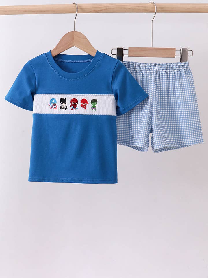 Blue character smocked gingham shorts set for wholesale by Aspen Rain Boutique