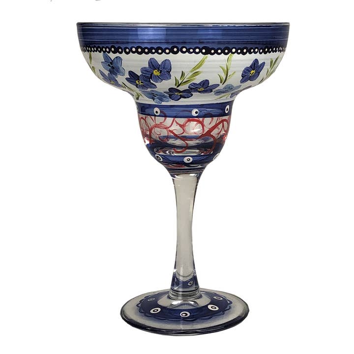 Golden Hill Studio - Wholesale Cocktail/Liquor Glass - Barcelona Blue Flowers Margarita
