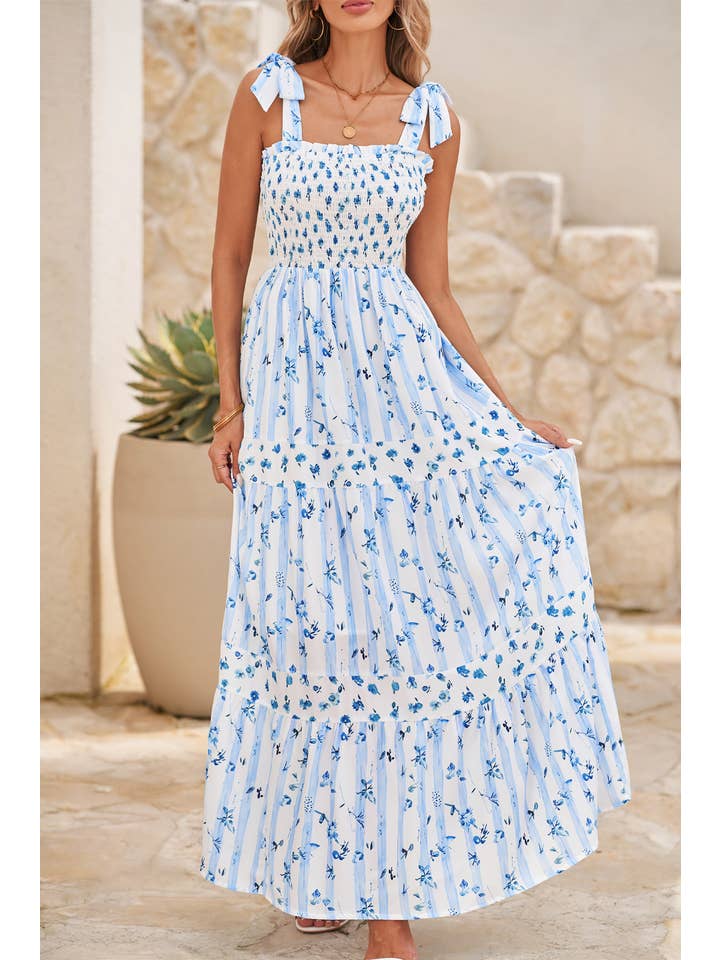 Sky Blue LDC Floral Smocked A-Lined Tied Straps Maxi Dress for wholesale on Faire
