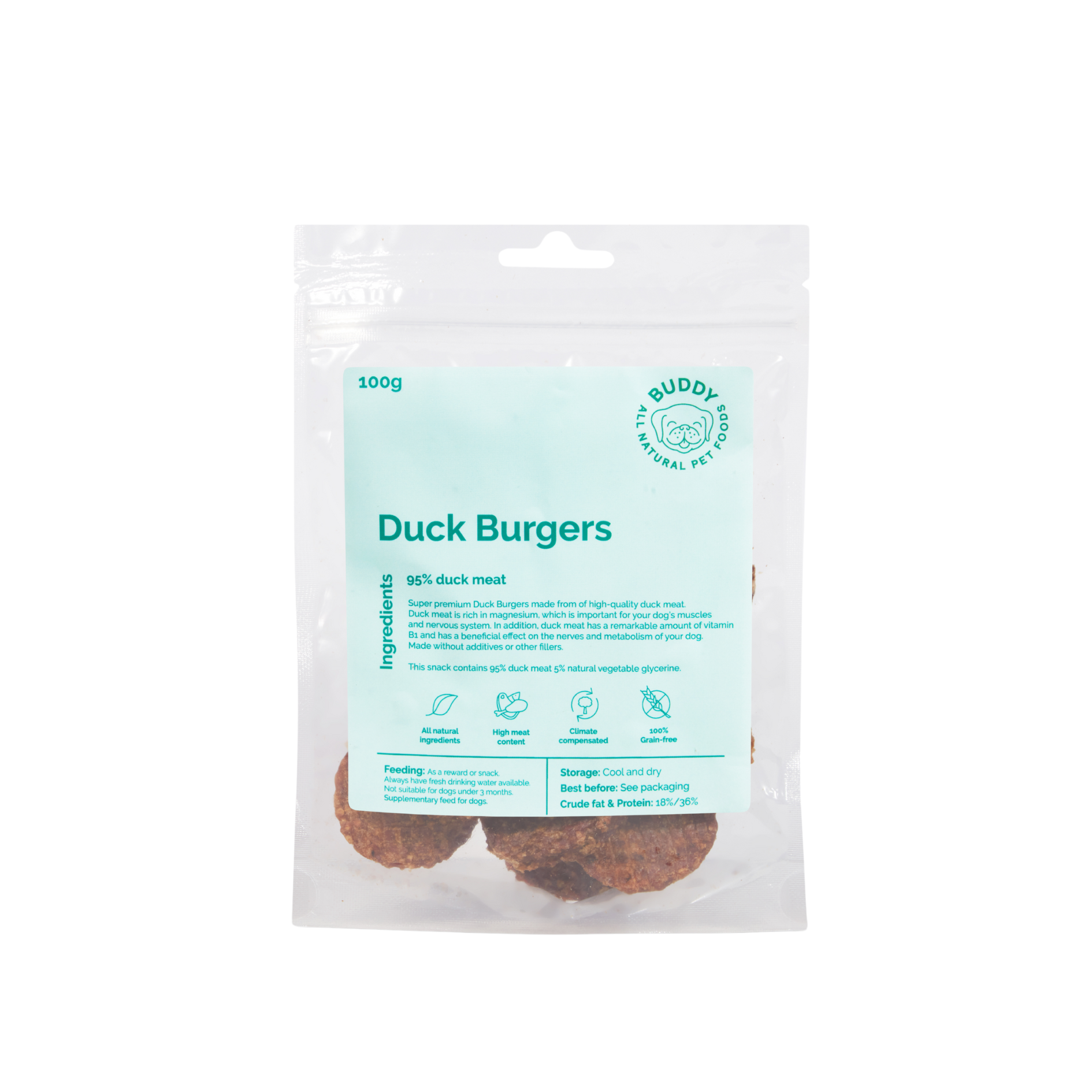 Buddy Pet Foods - Wholesale Pet Treats - Dog - Meaty Burgers - Duck (Duck Burgers) 100g1