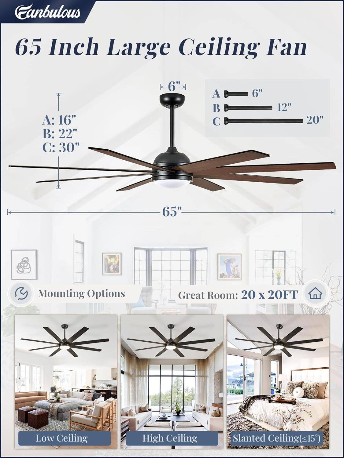 65 Inch Ceiling Fan With Lights Remote Black Indoor Outdoor for wholesale on Faire5