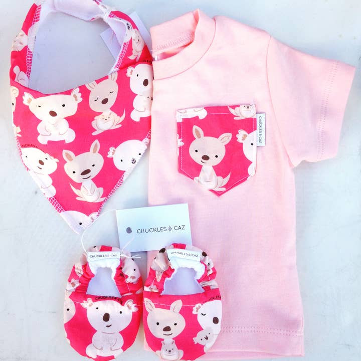 Chuckles & Caz - Wholesale T-shirt – Kids - Pink Koala & Kangaroos Pocket on Light Pink Tee1