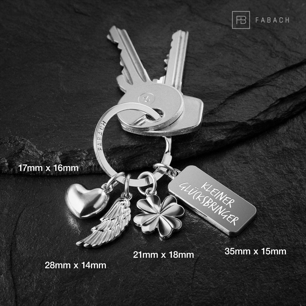 FABACH – Die Schlüsselanhänger-Schmiede – Großhandel Schlüsselanhänger – Unisex – "3 Charms" Schutzengel Schlüsselanhänger - Engel Herz Kleeblatt Glücksbringer mit Botschaft Gravur "Kleiner Glücksbringer"7