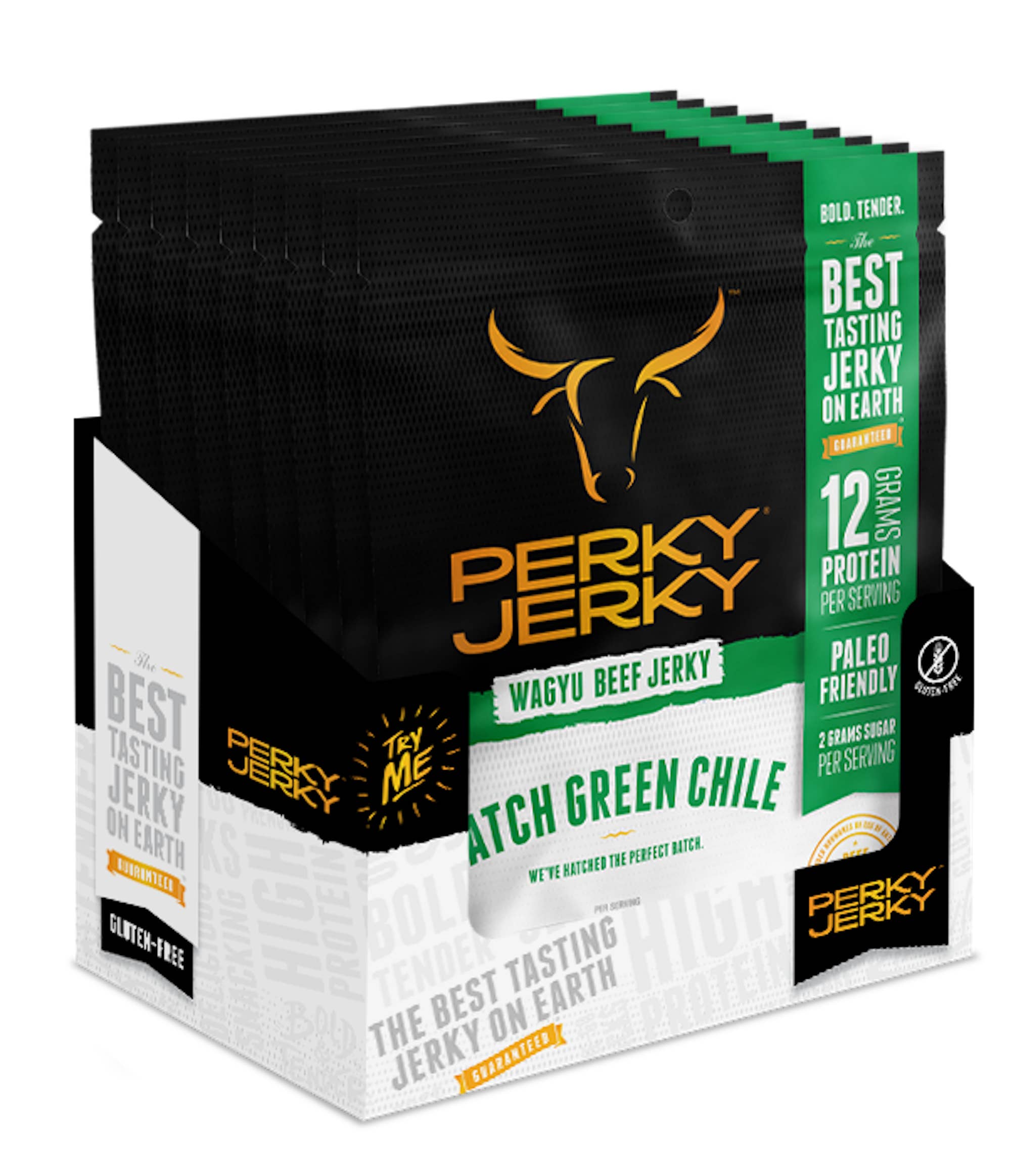 Perky Jerky - Wholesale Jerky - Hatch Green Chile Wagyu Beef Jerky - Paleo Friendly 8ct