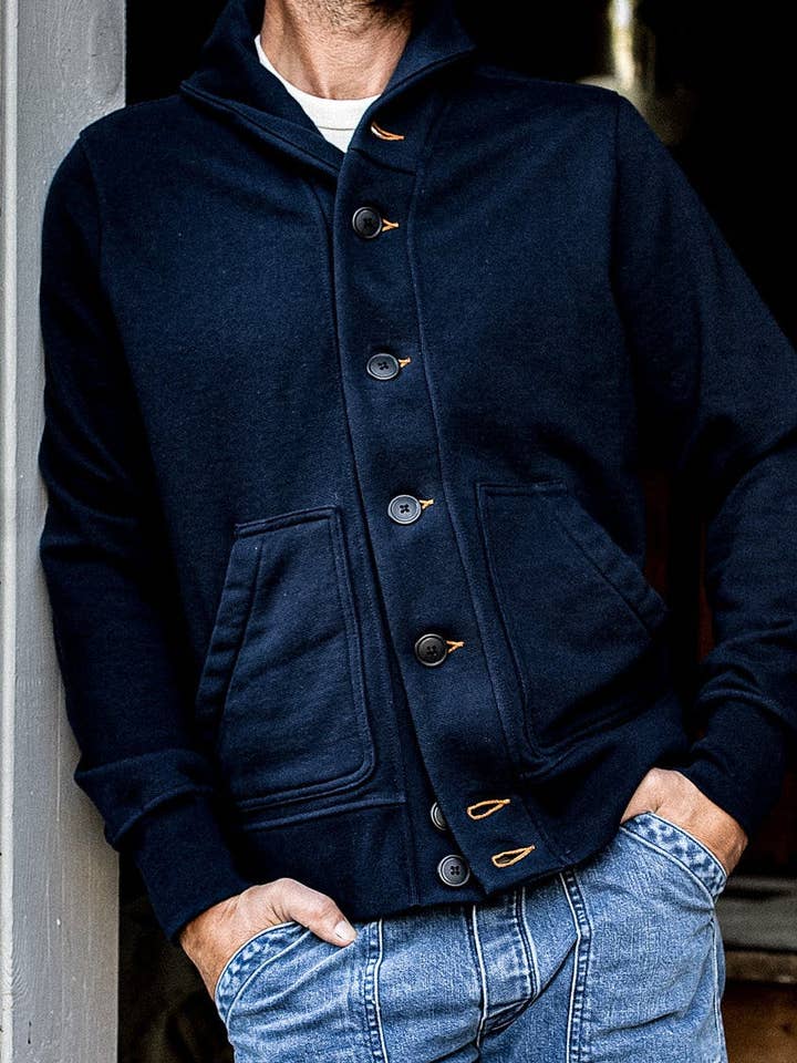 Men's Bodega Shawl Cardigan | 14oz 100% Cotton French Terry - Navy for wholesale on Faire7