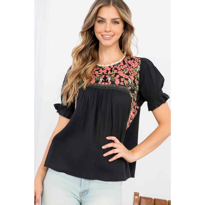 BLACK Short Puff Sleeve Embroidered Top for wholesale on Faire