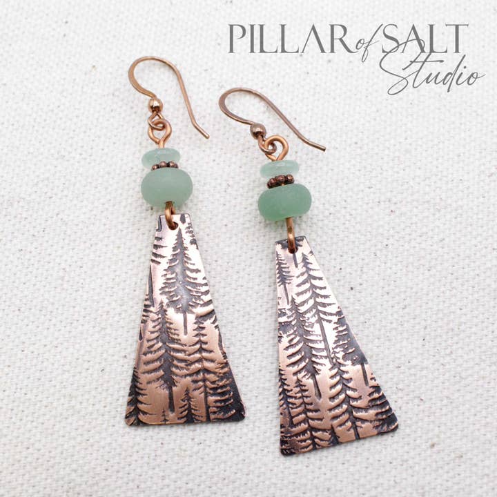 Handcrafted Solid Copper Evergreen Triangle Earrings for wholesale by Pillar of Salt Studio