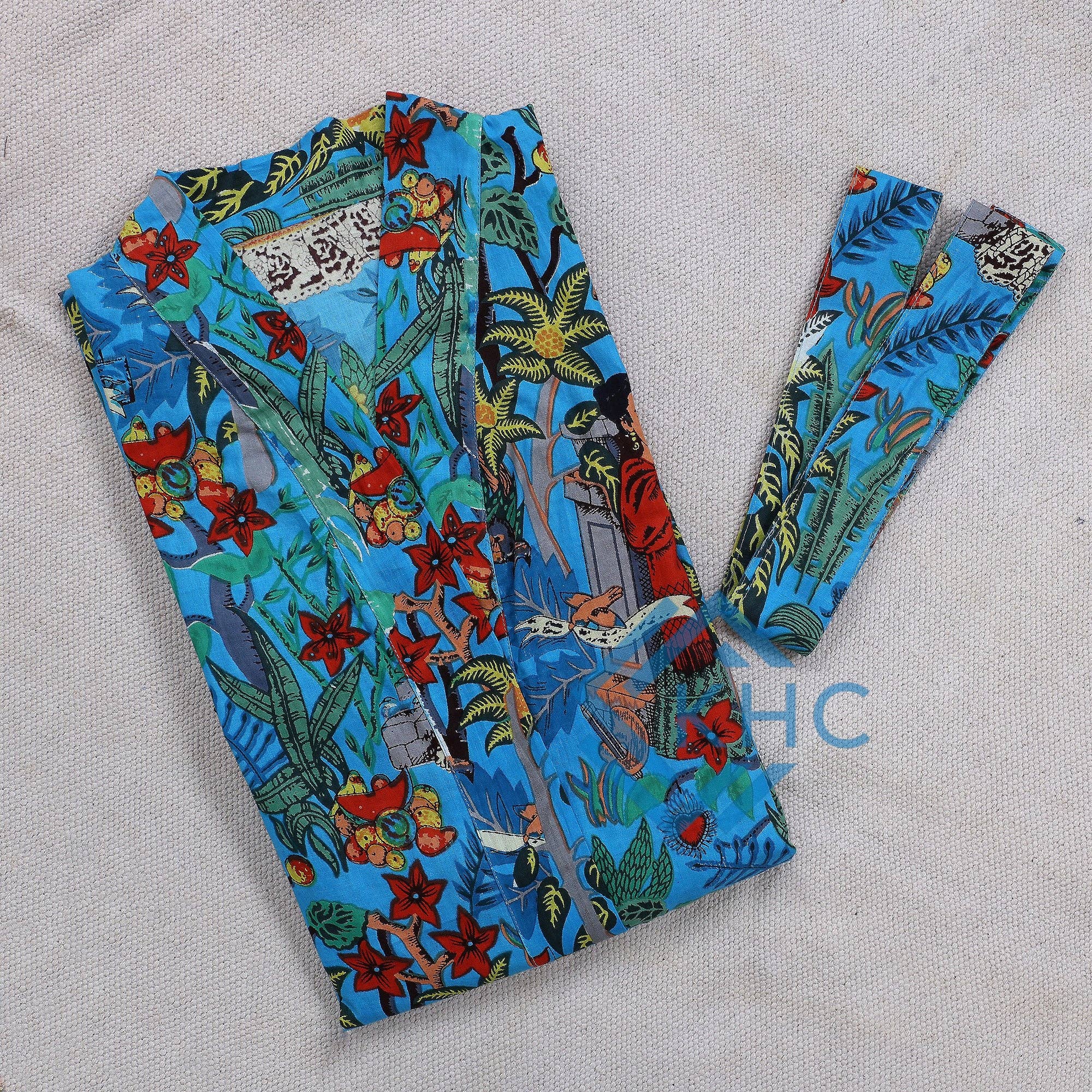 KHC - Vente Peignoir – femme - Robe longue kimono 100 % coton pour femme imprimé bleu peignoir5