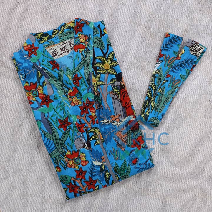 KHC – Großhandel Bademantel – Damen – 100% Baumwolle Langer Kimono Bademantel Damen Print Blau Morgenmantel5