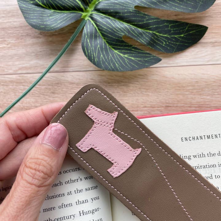 Leather Bookmark With Dog Design, Pink and Tan for wholesale by Mally Designs