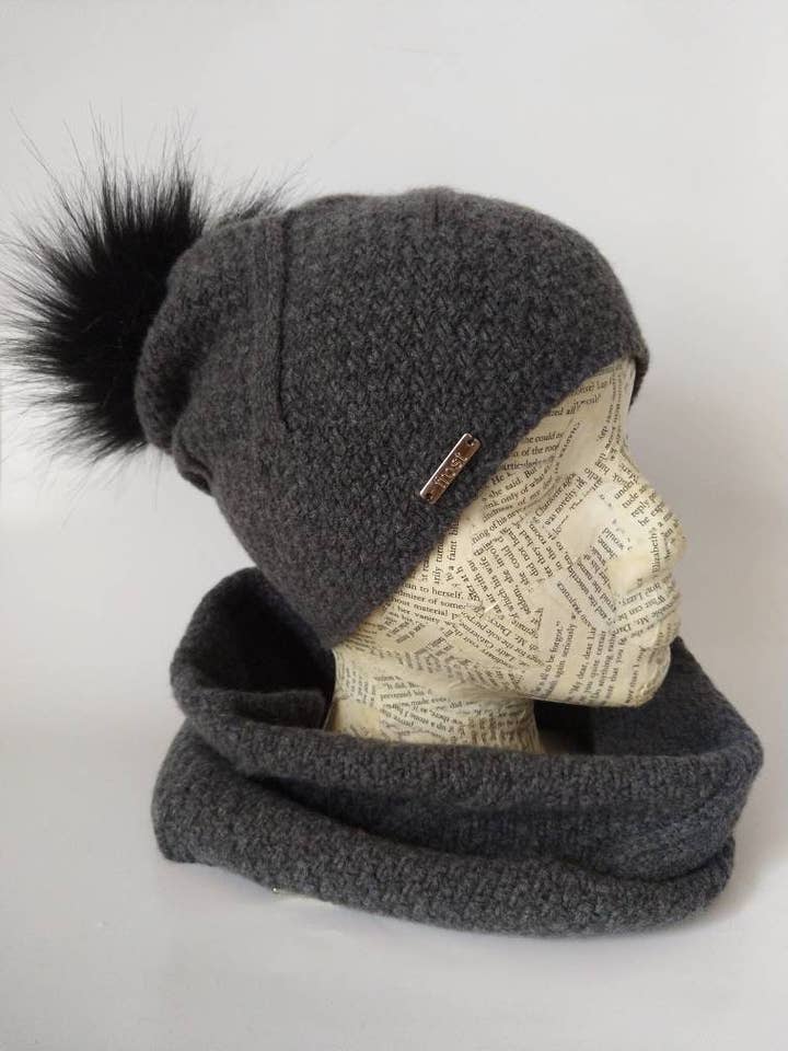 Cashmere Hat & Neck Warmer Set with Faux Raccoon Fur Pom for wholesale by Frost Hats