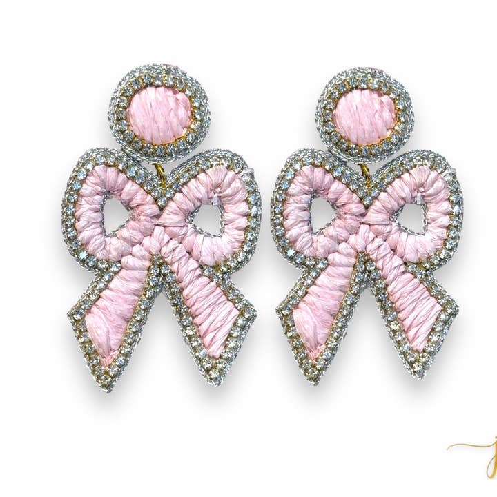 Elise Light Pink Coquette Rhinestone Raffia Bow Earrings for wholesale by Jenny Patrick Designs ™