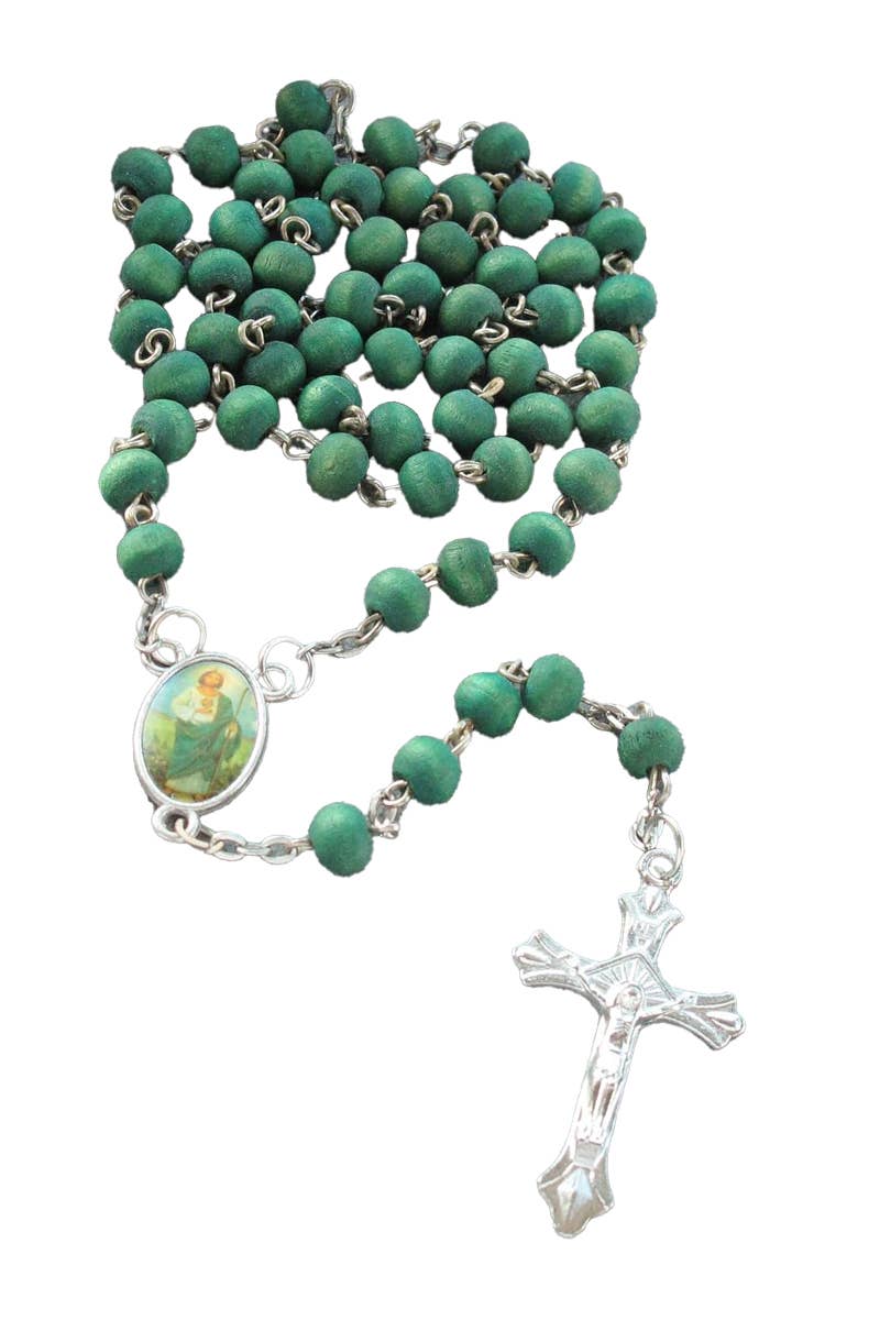 Catholic True Cross Matte Green Wood Rosary for wholesale on Faire1