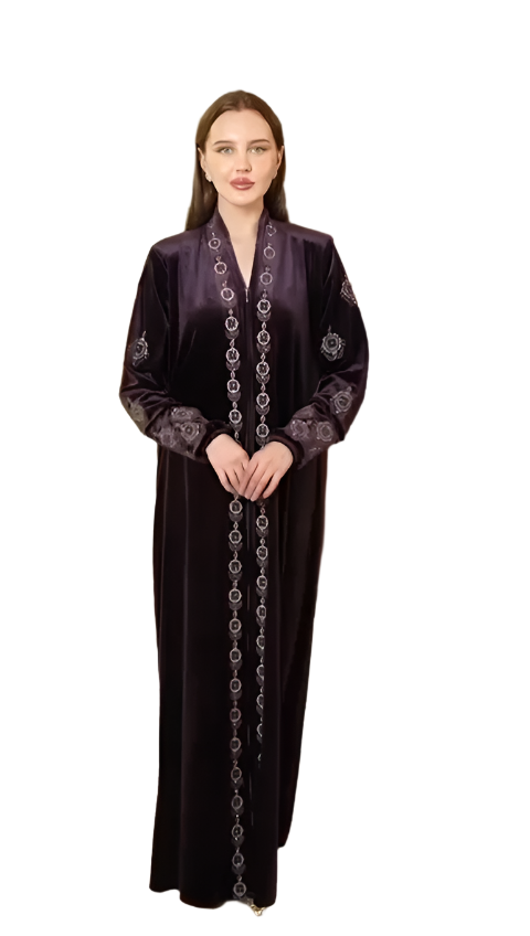 Palestinian Elegance - Wholesale Kaftan - Women's - Purple Embroidered Velvet Abaya - Women's Luxurious and Elegant Fashion0