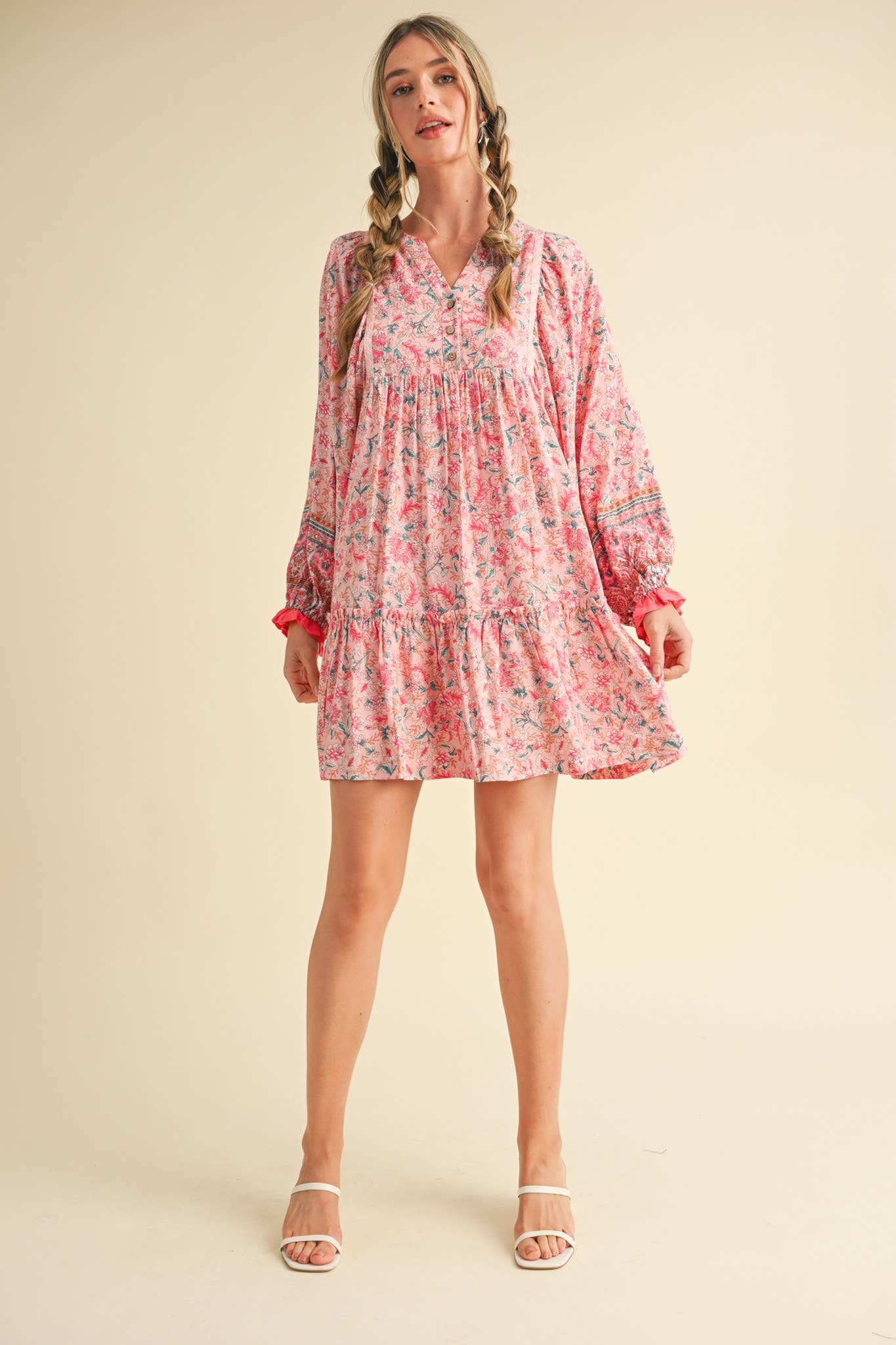 &MERCI - Wholesale Dress - Women's - EXCLUSIVE PRINT PUFF SLEEVE TIERED BABYDOLL DRESS MDR349015